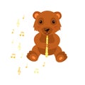 Little baby bear plays the yellow flute. Musical notes around. Royalty Free Stock Photo