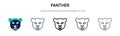 Panther icon in filled, thin line, outline and stroke style. Vector illustration of two colored and black panther vector icons