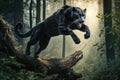 panther leaping over fallen tree in the forest