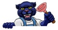 Panther Plumber Cartoon Mascot Holding Plunger