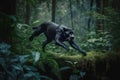 A Panther Predator Jumps Out Of The Green Jungle, Close-up. Carnivore Animal Hunter Of The Wild. AI Generated.