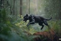 A panther predator jumps out of the green jungle, close-up. Carnivore animal hunter of the wild. AI generated.