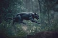 A Panther Predator Jumps Out Of The Green Jungle, Close-up. Carnivore Animal Hunter Of The Wild. AI Generated.