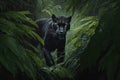 panther roaming through dense rainforest, its black coat a stark contrast to the lush green foliage