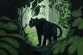 panther roaming through dense rainforest, its black coat a stark contrast to the lush green foliage