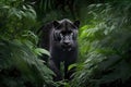 panther roaming through dense rainforest, its black coat a stark contrast to the lush green foliage
