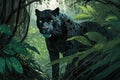 panther roaming through dense rainforest, its black coat a stark contrast to the lush green foliage