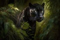 panther slinking through lush jungle, its black fur shining in the light