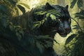 panther slinking through lush jungle, its black fur shining in the light