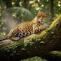 (Panthera onca) lies gracefully on a moss-covered tree branch Royalty Free Stock Photo