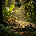 (Panthera onca) resting on a moss-covered log in a sunlit rainforest Royalty Free Stock Photo
