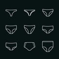 Panties icon set. Woman underwear types: thong, brazilian, bikini, classic brief, high cut brief, hipster, shortie, control brief