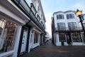 The Pantiles, historic Georgian shopping area with white painted buildings in the centre of town. Royal Tunbridge Wells, Kent, UK