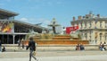 Pantin, Paris, France, May 2021 The Lion`s Fountain in the main square next to the Grand Halle. Sunny day, people in masks. Time