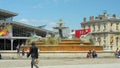 Pantin, Paris, France, May 2021. The Lion`s Fountain in the main square next to the Grand Halle. Time lapse 4k, forward camera