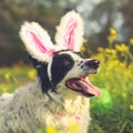 Panting border collie dog wearing pink Easter bunny rabbit ears having fun outside laying in flowers