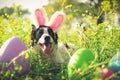 Panting border collie dog wearing pink Easter bunny rabbit ears having fun outside laying in flowers