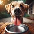 Panting dog drinks water from a metal bowl to quench thirst