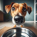 Panting dog drinks water from a metal bowl to quench thirst