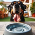 Panting dog drinks water from a metal bowl to quench thirst