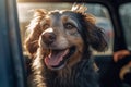 Panting dog locked inside a car in summer. Generative AI Royalty Free Stock Photo