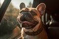 Panting French Bulldog dog locked inside a car in summer. Royalty Free Stock Photo