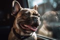 Panting French Bulldog dog locked inside a car in summer. Royalty Free Stock Photo