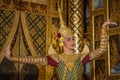 Pantomime Khon is traditional Thai classic masked play enacting scenes from the Ramayana with a backdrop of Thai paintings in a