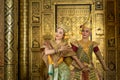 Pantomime Khon is traditional Thai classic masked play enacting scenes from the Ramayana with a backdrop of Thai paintings in a