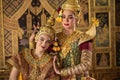 Khon is traditional Thai classic masked play enacting scenes from the Ramayana with a backdrop of Thai paintings in a