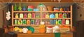 Pantry, cellar with food preserves on shelves. Vector cartoon interior of storeroom with vegetables and fruit, bags, glass jars on