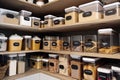 pantry with clear bins and labels for easy food organization