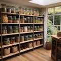 Pantry with neat and organized shelves, showcasing cooking essentials