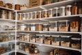 a pantry with shelves, bins, and containers for keeping food items organized