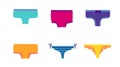 Set of women panties, underwear types string, thong, tanga, bikini. Cheeky, hipster, classic brief, slip, retro high waist Royalty Free Stock Photo