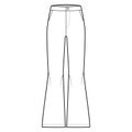 Pants bell-bottom technical fashion illustration with normal waist, high rise, slant pockets, wide legs, full length.