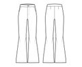 Pants bell-bottom technical fashion illustration with normal waist, high rise, slant pockets, wide legs, full length.