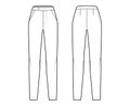 Pants cigarette technical fashion illustration with extended normal low waist, high rise, full length, slant pockets