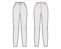 Pants flat front technical fashion illustration with normal waist, high rise, full length, slant slashed pockets. Flat