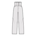 Pants high-waisted technical fashion illustration with full length, pockets, bottom closure, round pockets. Flat trouser