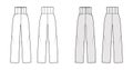 Pants high-waisted technical fashion illustration with full length, pockets, bottom closure, round pockets. Flat trouser