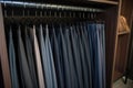 pants hung on sliding rack in the wardrobe