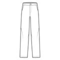 Pants straight silhouette technical fashion illustration with flat front, low waist, rise, full length, slant pockets