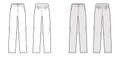 Pants straight silhouette technical fashion illustration with flat front, low waist, rise, full length, slant pockets