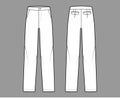 Pants straight silhouette technical fashion illustration with flat front, low waist, rise, full length, slant pockets