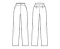 Pants straight technical fashion illustration with flat front, normal waist, high rise, full length, slant, flap pockets