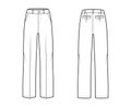 Pants tailored technical fashion illustration with low waist, rise, full length, slant slashed pockets, belt loops. Flat