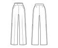 Pants tuxedo technical fashion illustration with extended normal waist, rise, full length, pockets, side satin stripe