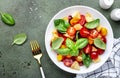 Panzanella summer vegetable salad with stale bread, colorful tomatoes, olive oil, salt and green basil, green table background,