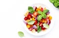 Panzanella summer vegetable salad with stale bread, colorful tomatoes, red onion, olive oil, salt and green basil, white table